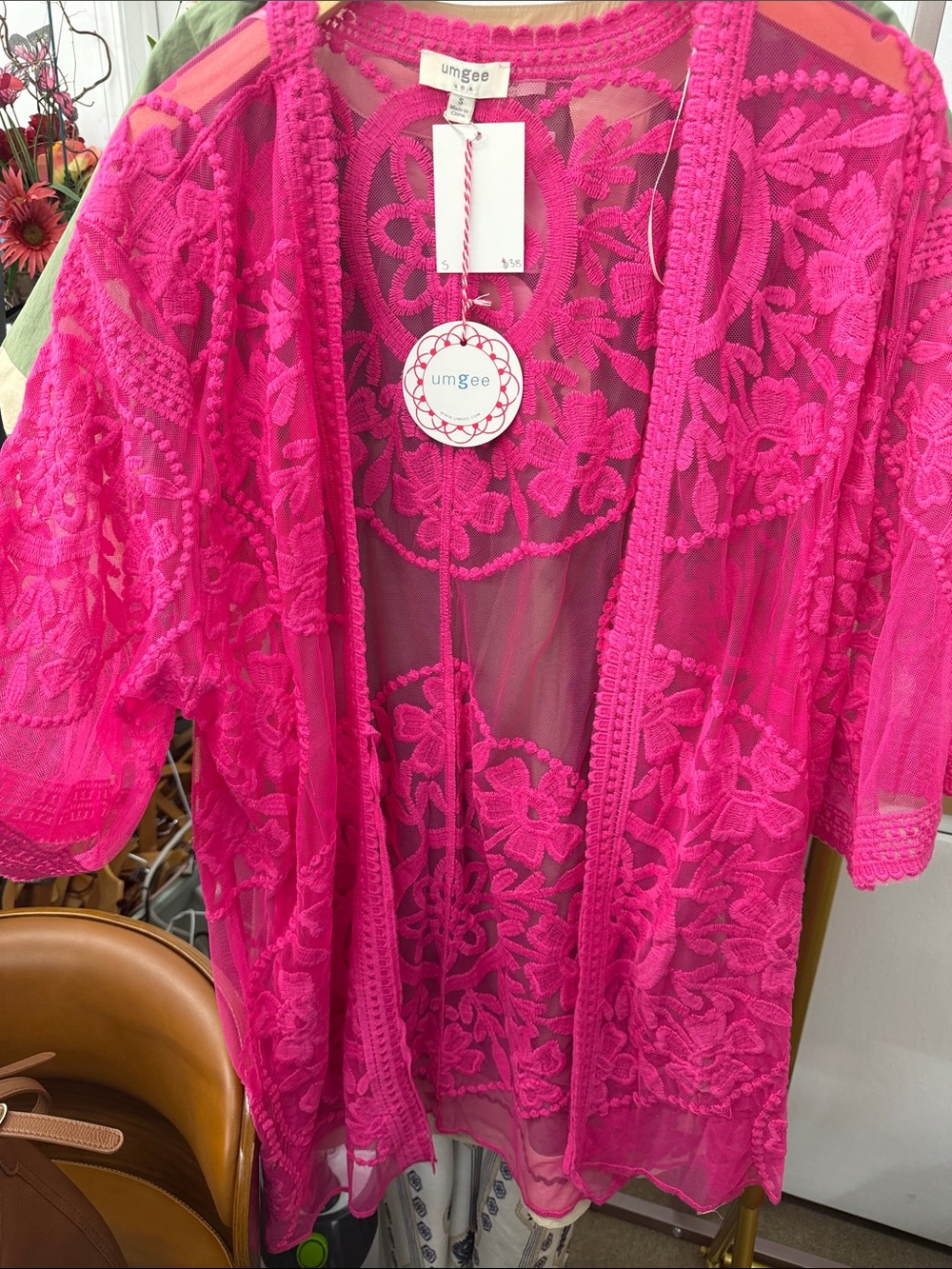 Umgee Bright Hot Pink Floral Embroidered Sheer Kimono